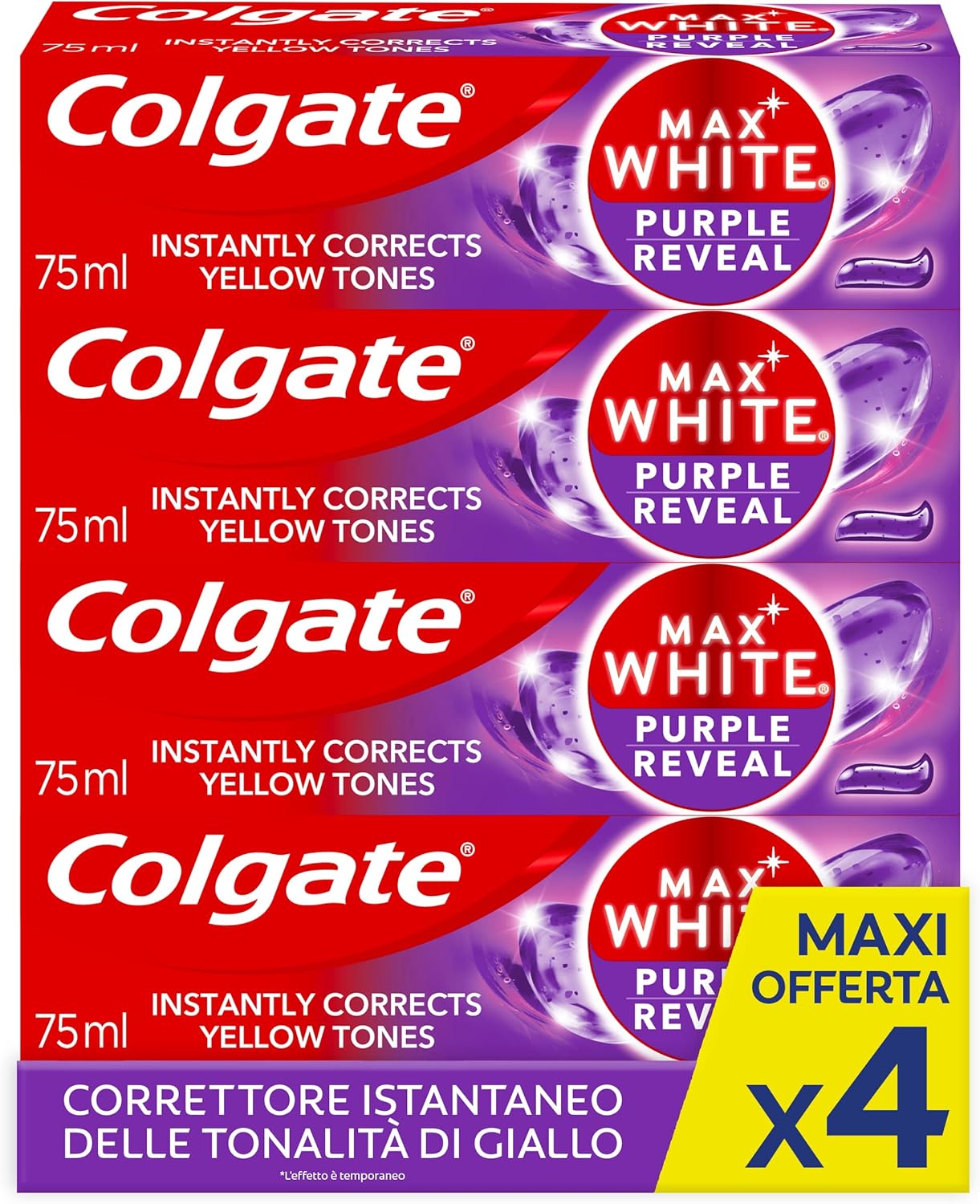 Colgate Max White Purple Reveal Whitening Toothpaste 4 Packs of 75 ml I for White Teeth I Safe for Enamel I Contains Fluorine Teeth Whitening I Natural White